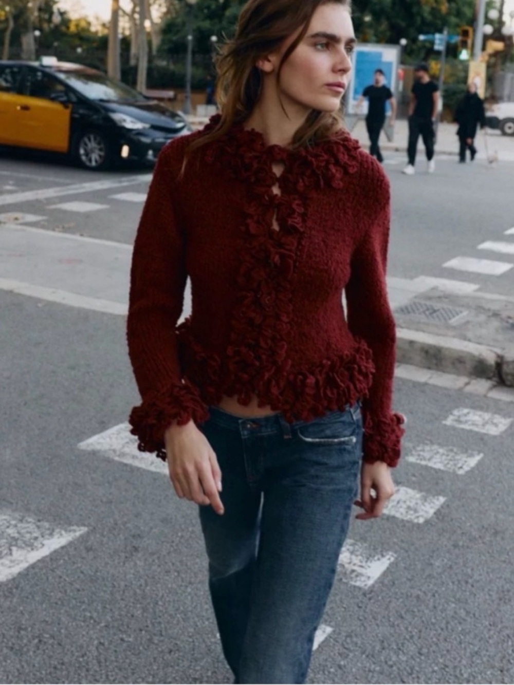 NWT Zara Burgundy Fringed Knit Cardigan Sweater Jacket - Size L